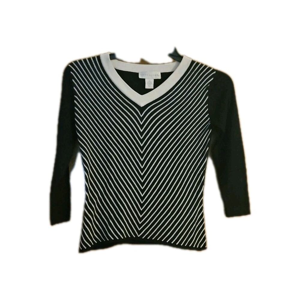 Doncaster Sweater Women XS Black& White Striped 80%Silk Black 3/4 Sleeves&Back